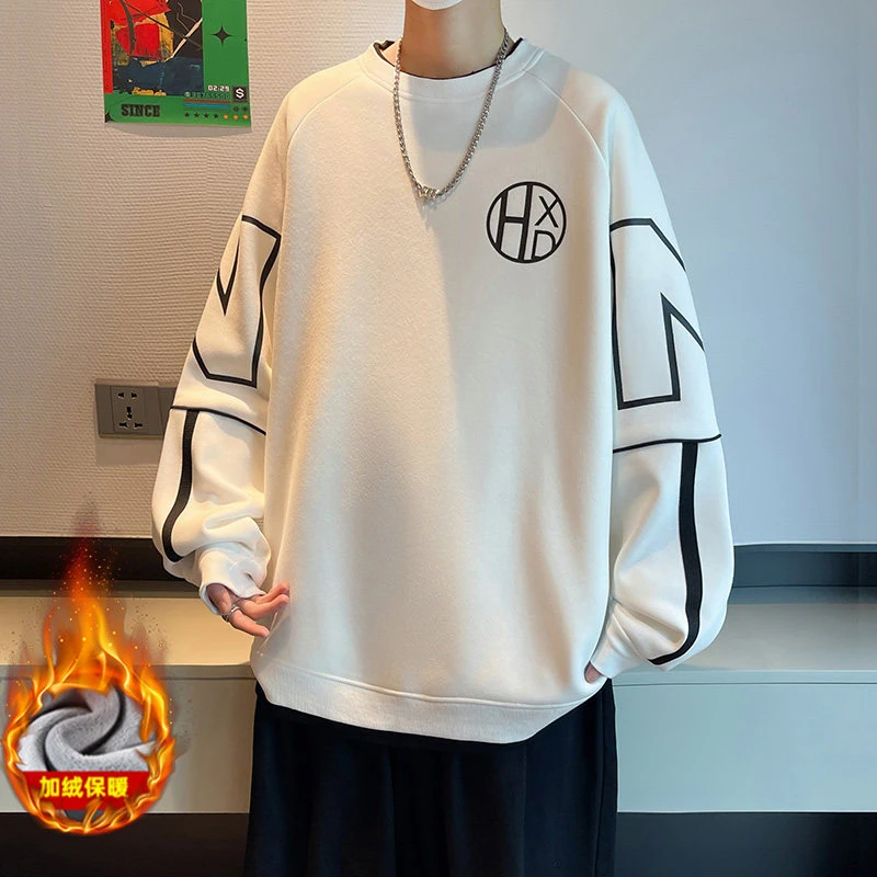 秋冬季新款加绒百搭圆领卫衣男青少年冬季印花打底衫上衣
