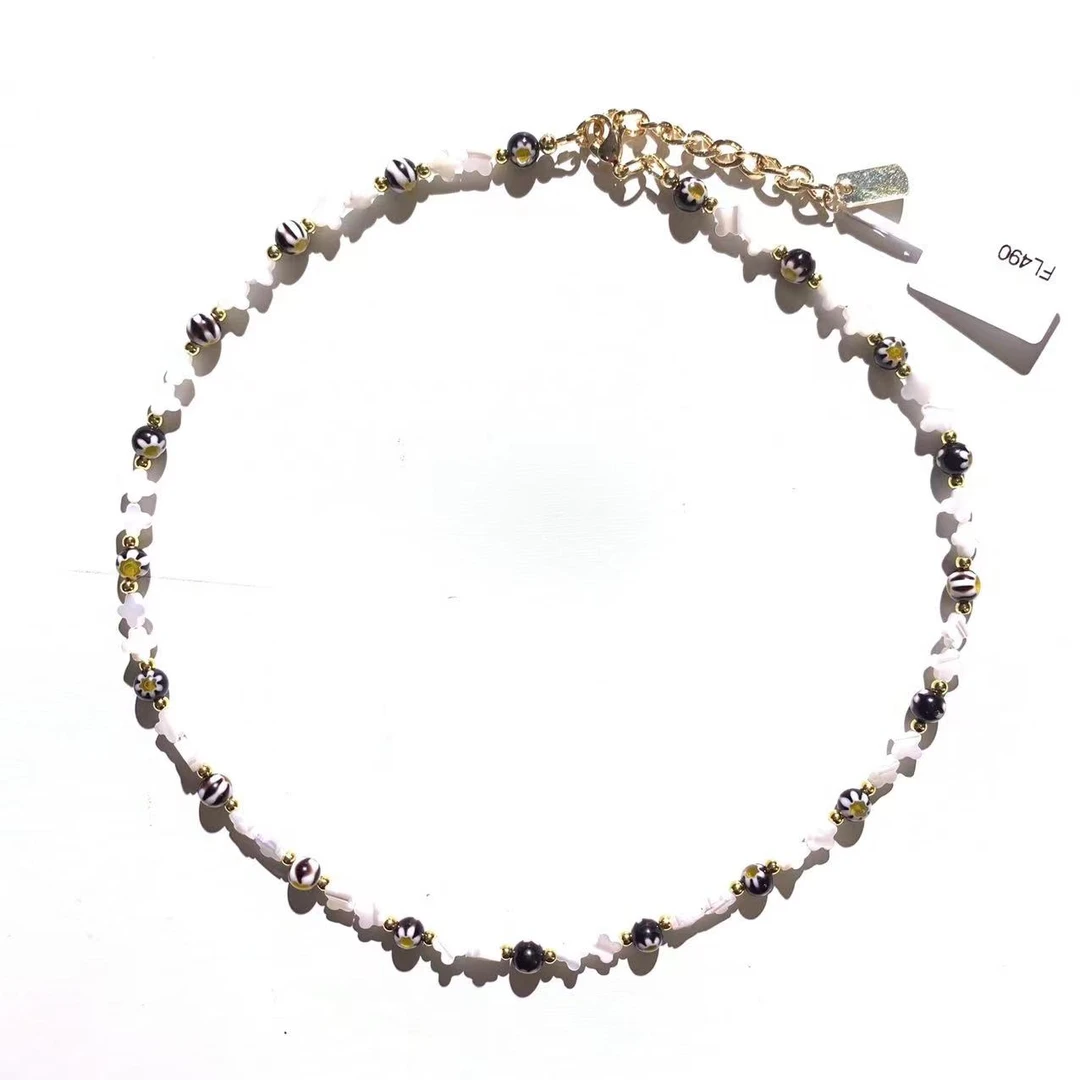 铜合金树脂项链 白贝四叶草小花珠项链FL0490