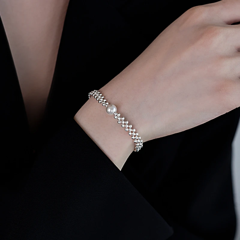 925银仿珍珠手链 纯银施家珍珠银珠编织手链女生小众韩系气质手饰