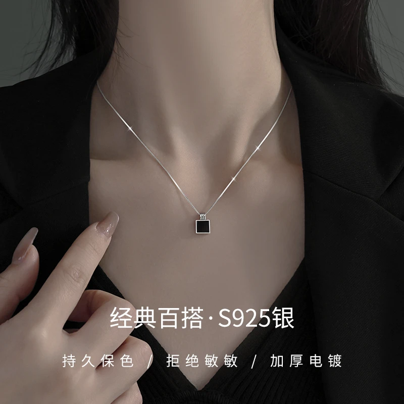 坠链均925银 黑色方块项链甜酷辣妹风新款爆款小众设计颈链锁骨链