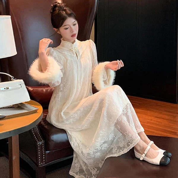 女装连衣裙重工压褶蕾丝仿狐狸毛长裙复古新中式宫廷宽松长袖裙子