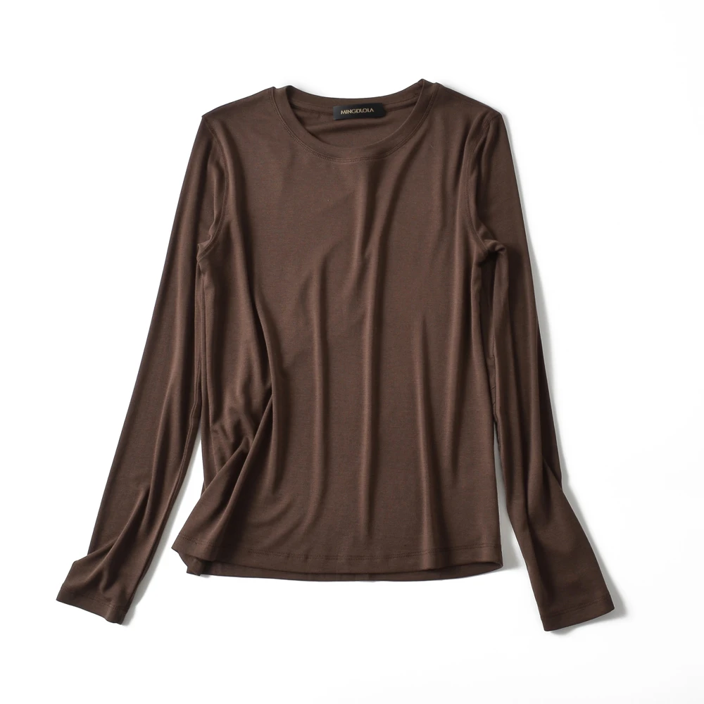 【明朵拉】早春纯色春秋百搭圆领长袖修身薄款天丝羊毛简约打底衫女