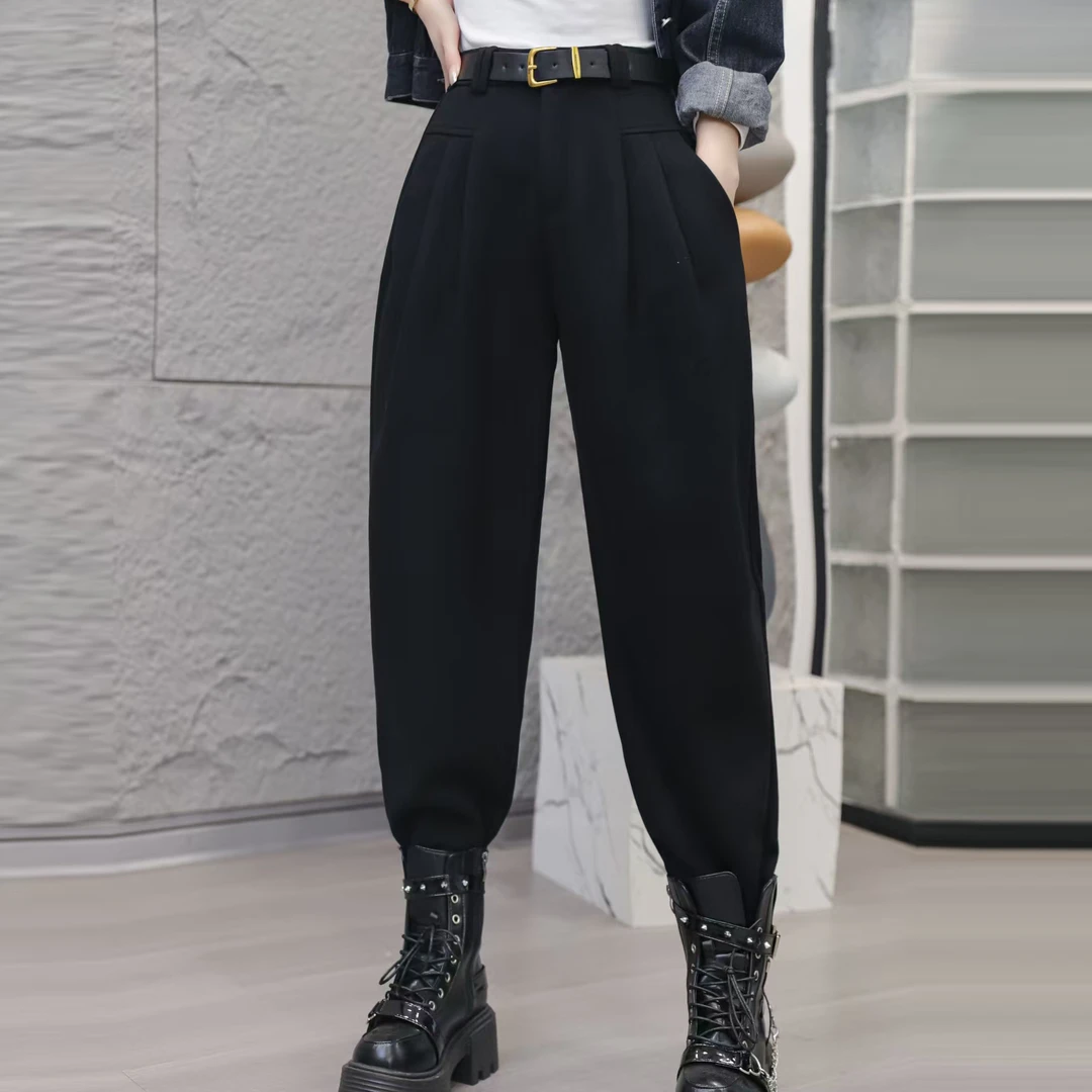 2024秋冬新品时尚潮流纯色休闲百搭显瘦加绒加厚保暖女士长裤7702