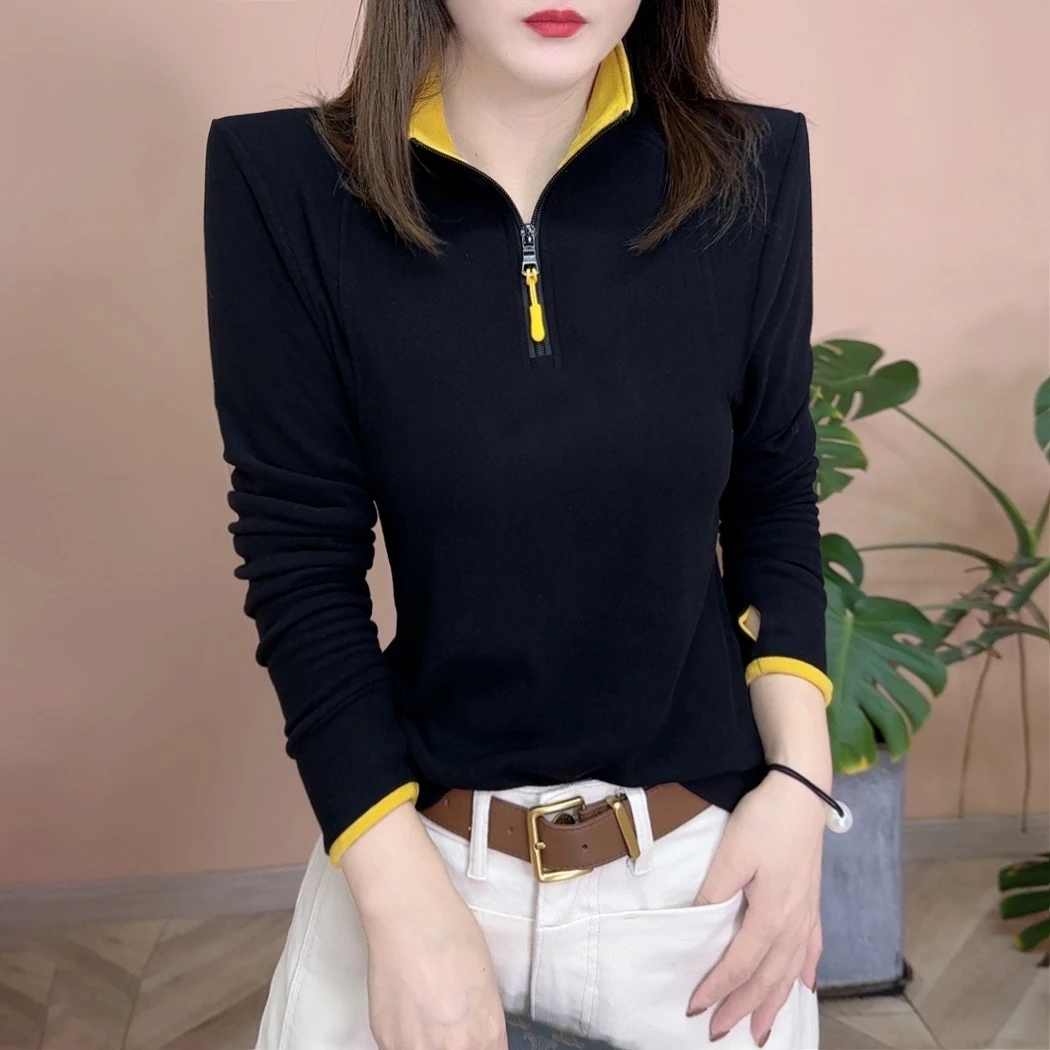 2024秋冬季新品时尚百搭修身显瘦加绒加厚半拉链打底女士上衣7733