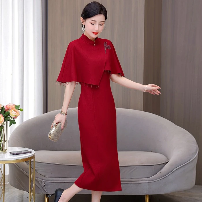 结婚礼服妈妈装改良旗袍裙 喜婆婆婚宴装连衣裙 女红色中长款礼服