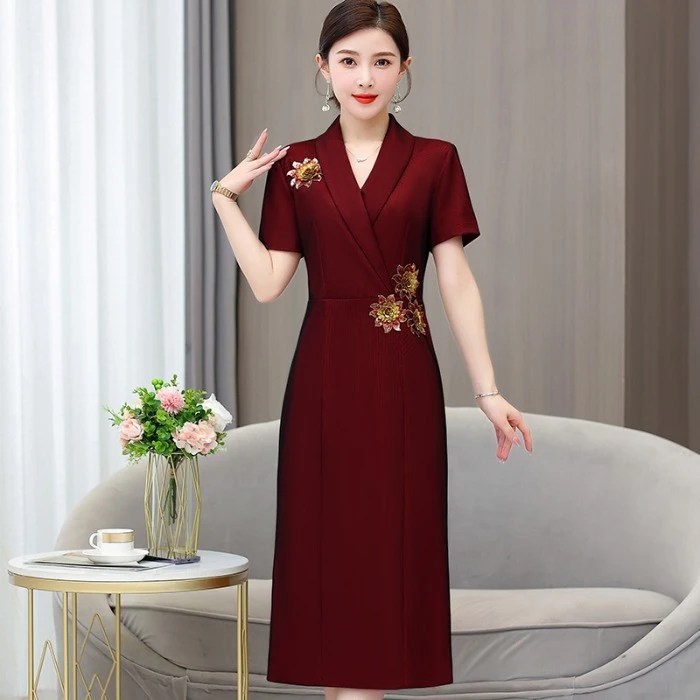 结婚礼服妈妈装连衣裙 夏季高档喜婆婆婚宴礼服裙阔太太宴会A字裙