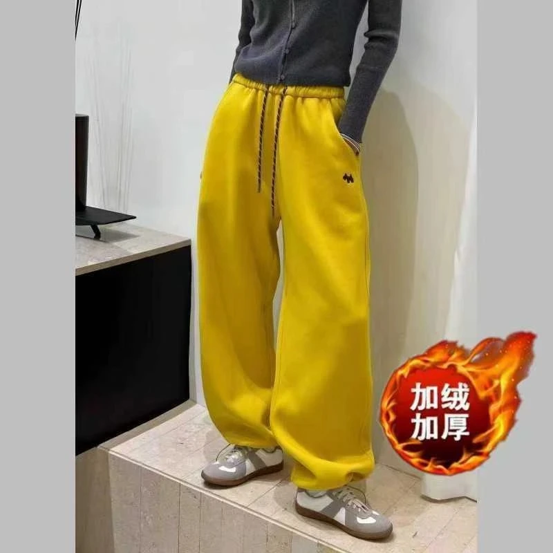 加绒加厚小马刺绣休闲裤女秋冬新款高腰宽松显瘦百搭阔腿裤