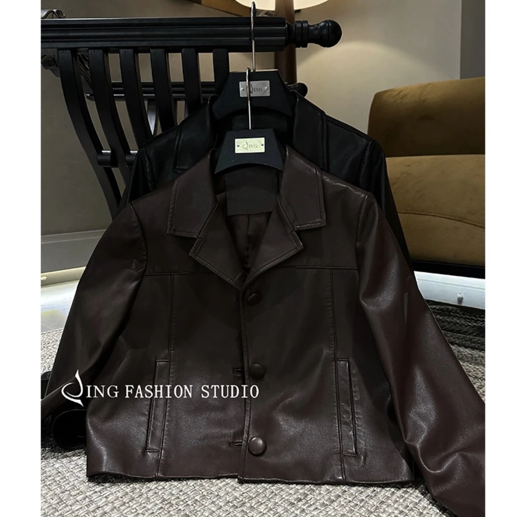 JING2024秋季新款18686真皮皮衣短裤上衣女士夹克外套修身气质