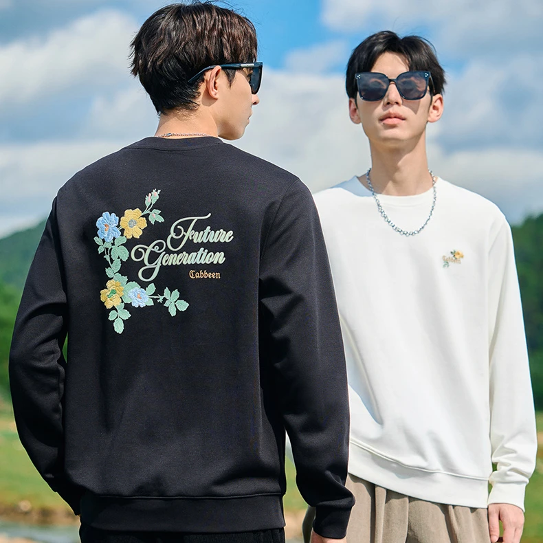 卡宾休闲男装花卉万针绣卫衣秋新款圆领上衣舒适国风潮3243164012