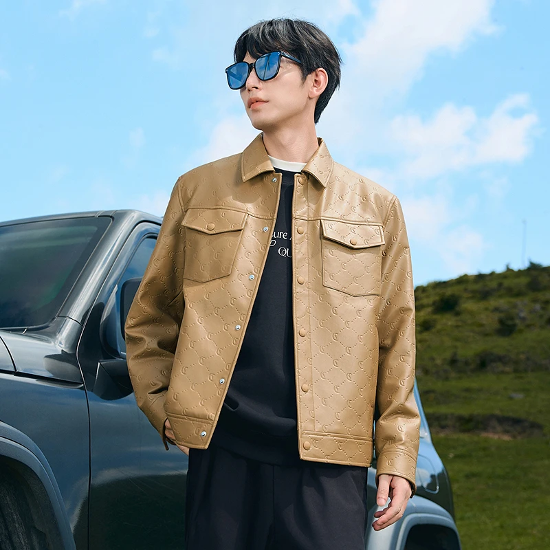 卡宾男装 老花钢压印花夹克秋冬新款宽松外套加绒保暖3244138006