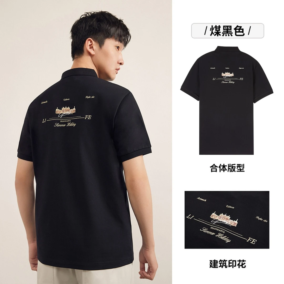 卡宾男士休闲大码polo衫男款新款艺术花廊印绣短袖百搭T恤