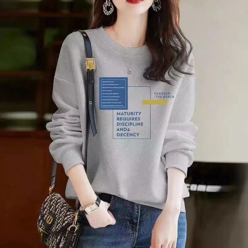 杜拉妮纯棉圆领卫衣女2025新款秋冬宽松显瘦T恤加绒印花长袖上衣