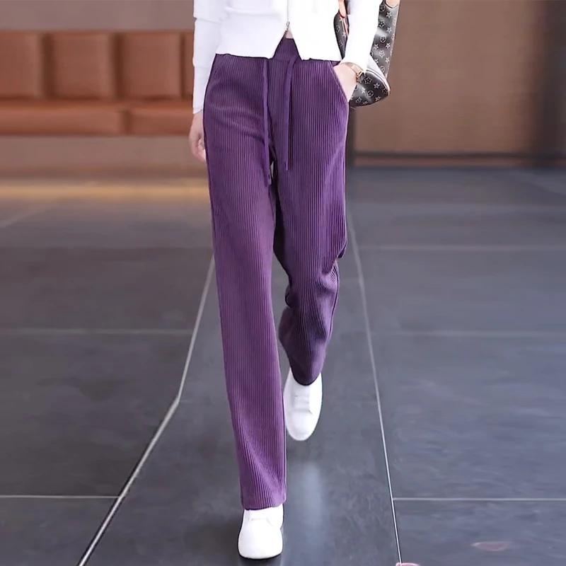 紫色窄版阔腿裤女春秋2025新款高腰垂感秋季休闲条绒宽松直筒长裤
