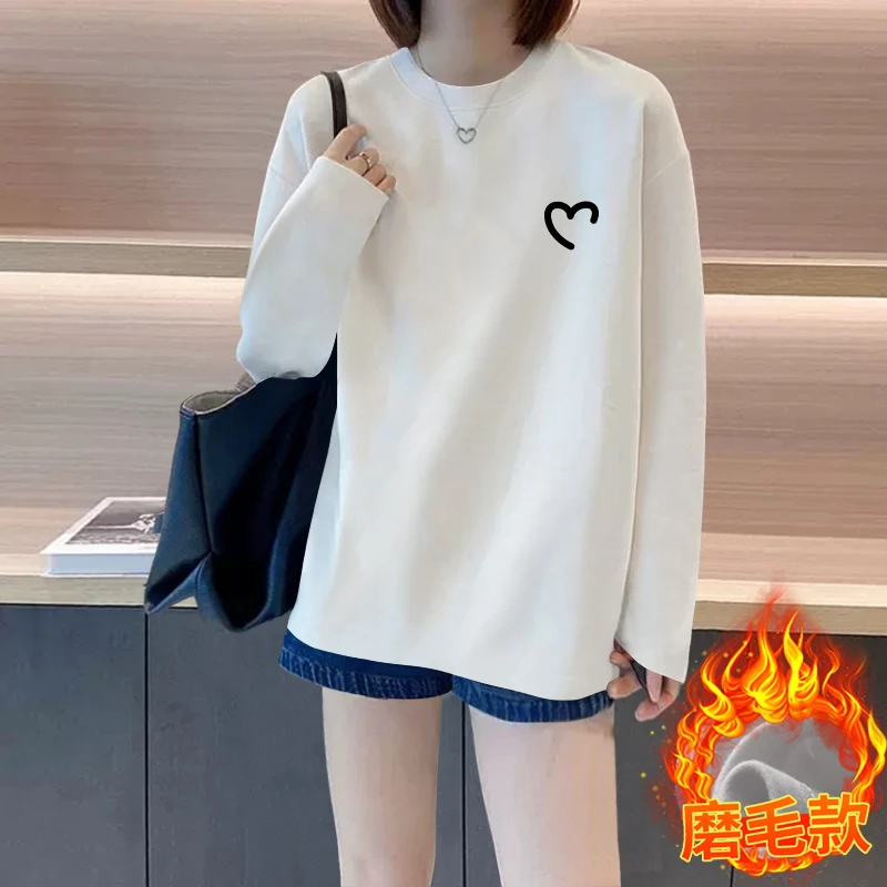 欧货白色打底衫女2025秋冬新款中长款宽松圆领磨毛长袖t恤女