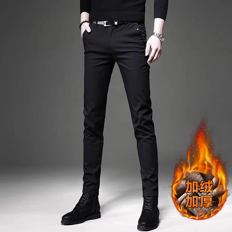 秋冬季休闲裤男潮流韩版修身加厚西裤弹力小脚裤加绒休闲百搭西裤