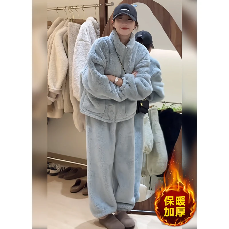 双面北极绒冬季家居服保暖套装睡衣女2024新款拉链设计感长袖加厚