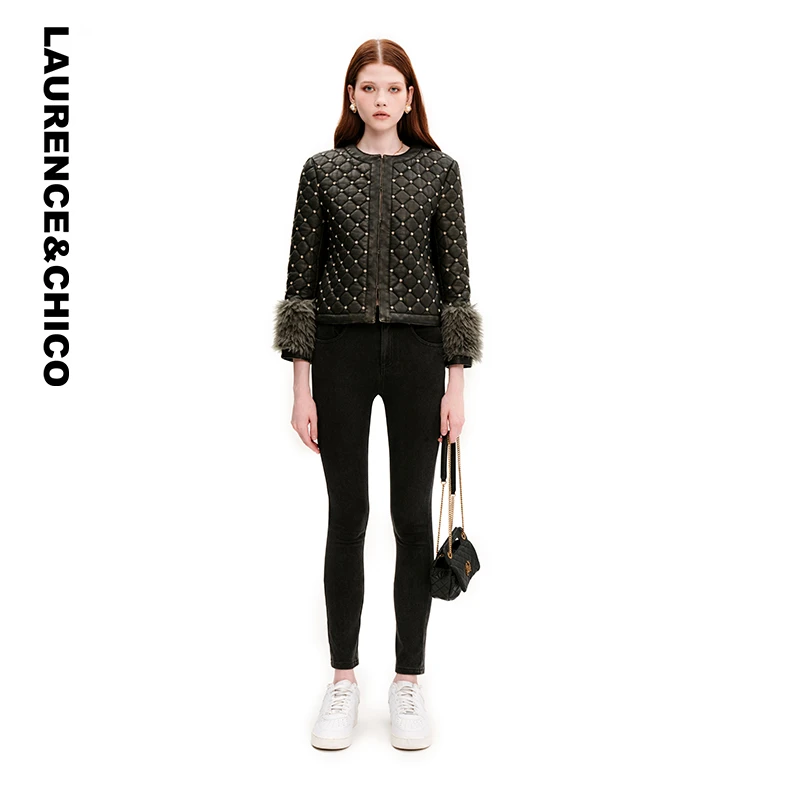 LAURENCE & CHICO钻饰菱格外套，黑色粗花呢外套显瘦D3AD10112014