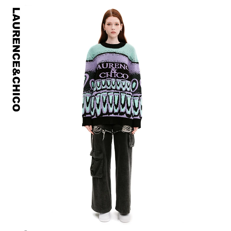 LAURENCE & CHICO拼色Oversized提花针织衫黑紫色C3AQ10116002