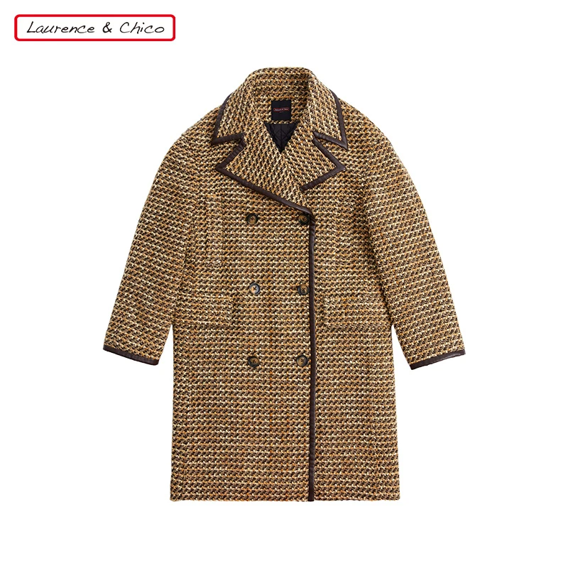 （微瑕）冬季粗花呢拼皮翻领棉大衣咖色C2AD10112121时尚