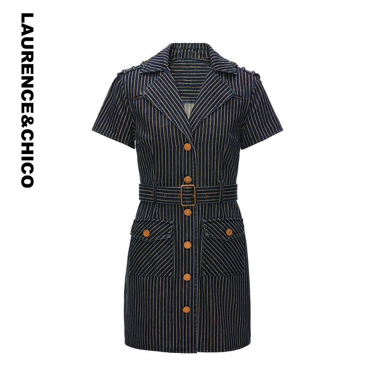 LAURENCE & CHICO条纹西装收腰连衣裙深蓝C4AX10117003