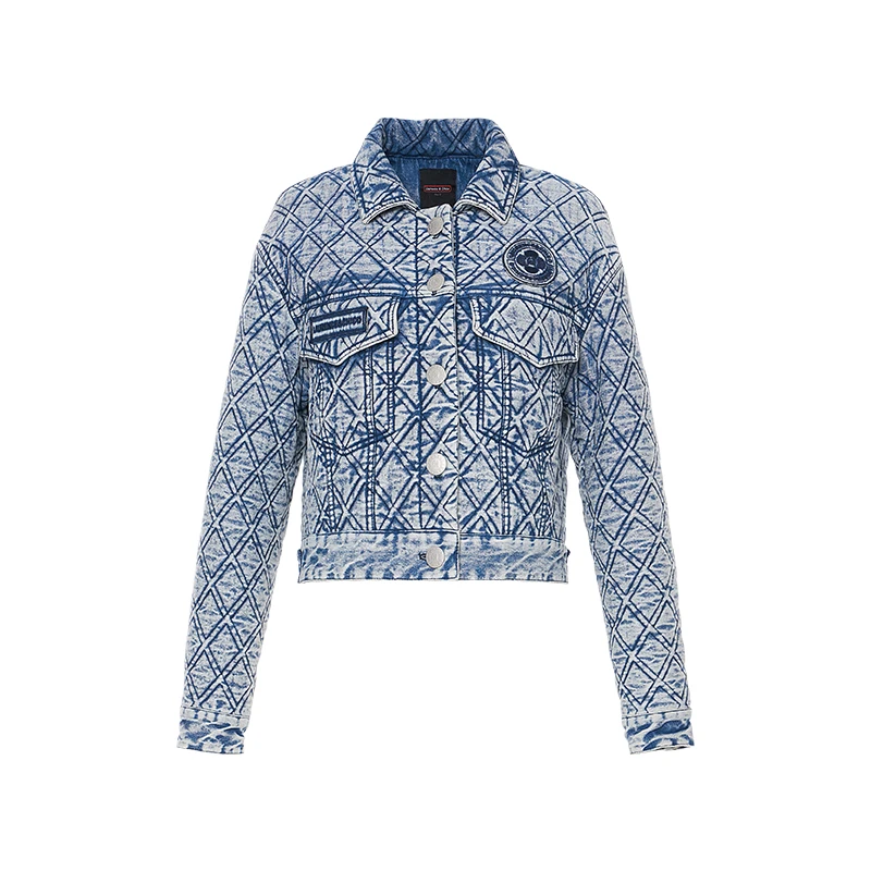 LAURENCE & CHICO欧美时尚休闲徽章牛仔菱形格短夹克21FWC2003