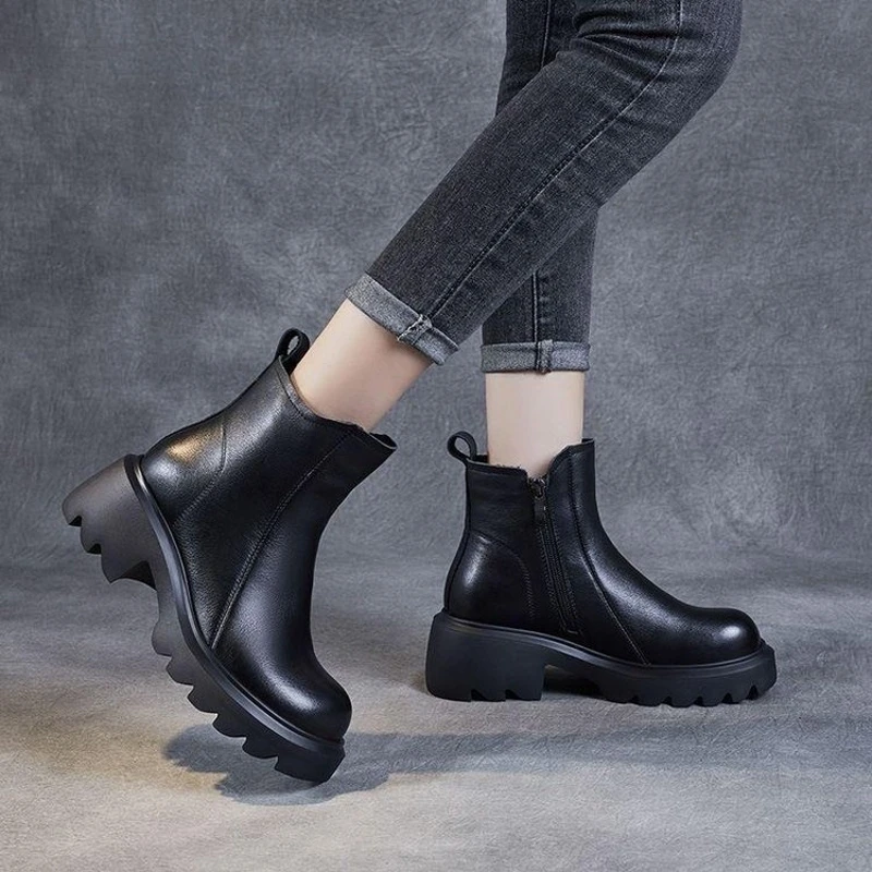 女鞋2024年新款百搭时尚加绒厚底英伦风秋冬冬季