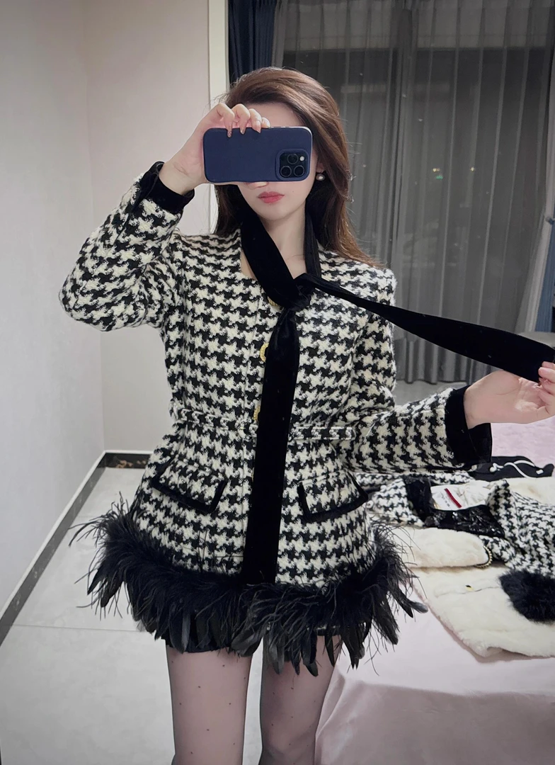 2024秋冬新款千鸟格毛呢鸵鸟毛外套女