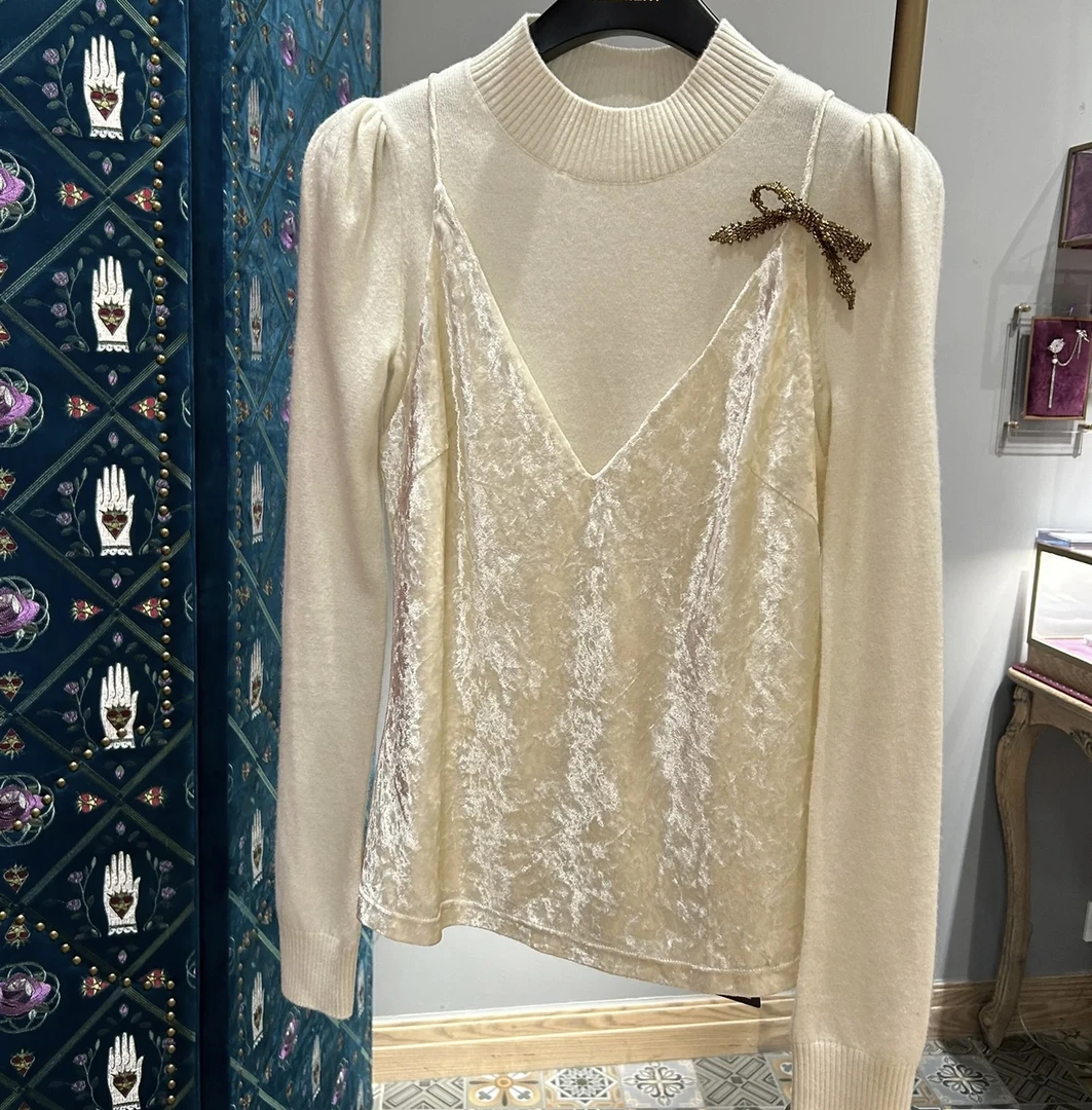 2025夏秋季新款气质显瘦设计感丝绒吊带长袖针织上衣两件套女