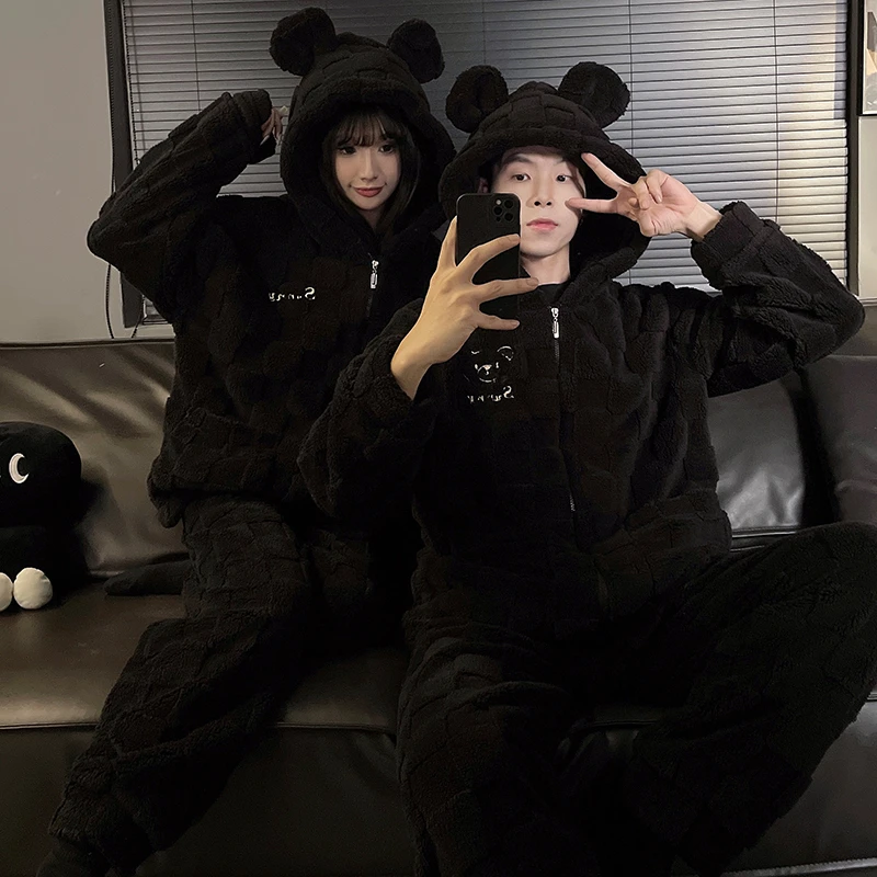 新款情侣连帽睡衣女珊瑚绒冬季睡衣男士加绒加厚黑色法兰绒家居服
