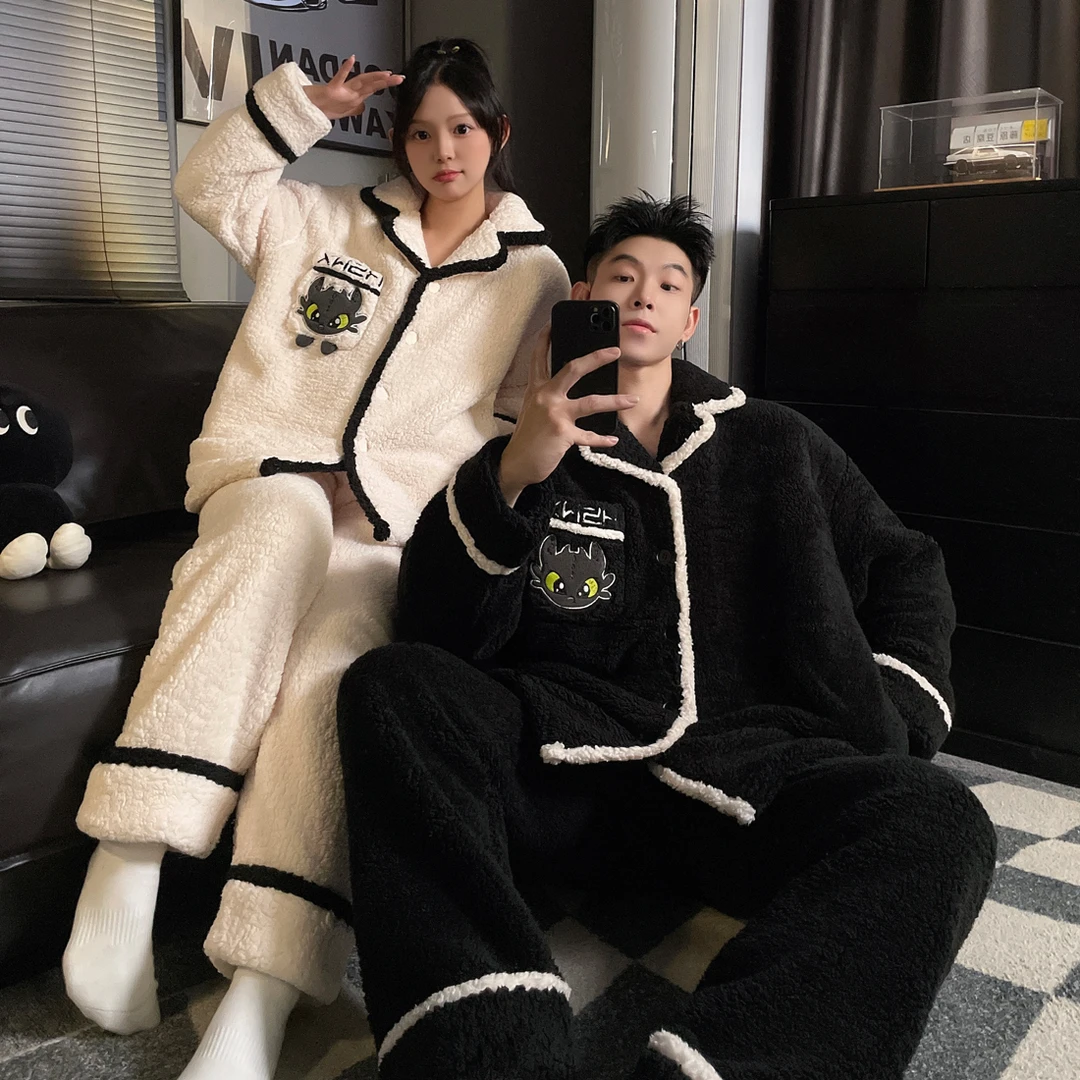 简约百搭情侣睡衣女珊瑚绒冬季睡衣男士加绒加厚保暖法兰绒家居服