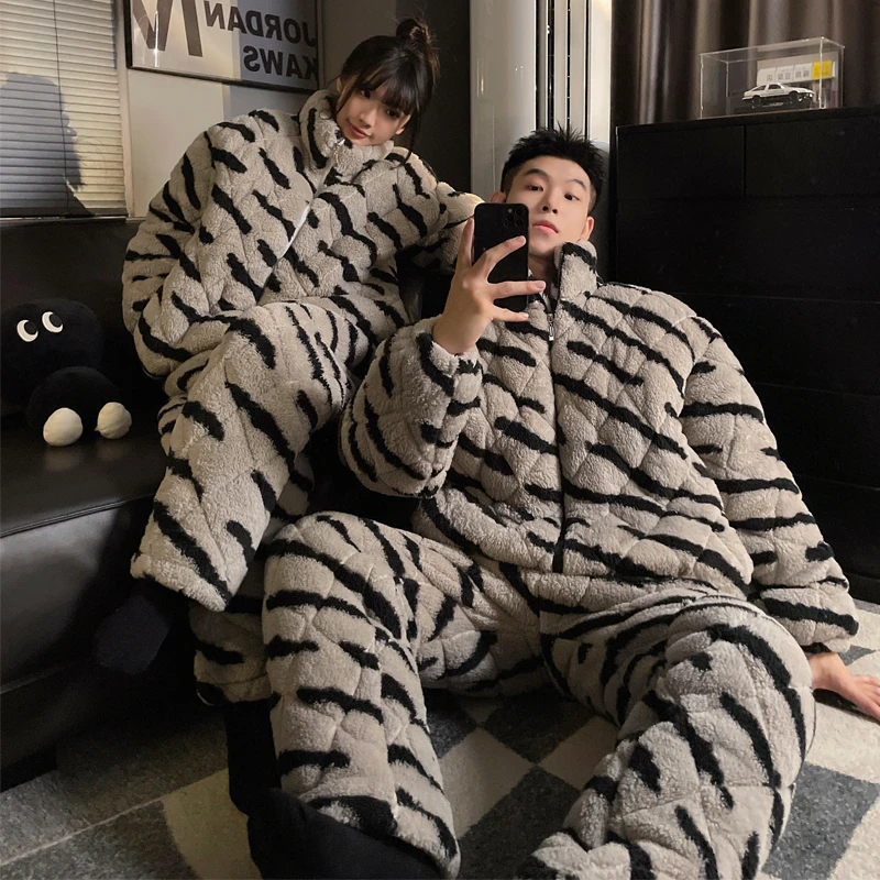 三层夹棉袄情侣睡衣女冬季款珊瑚绒加厚加绒男士睡衣法兰绒家居服