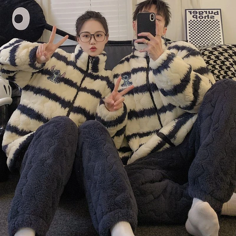 三层夹棉袄情侣睡衣女冬季款珊瑚绒加厚加绒男士睡衣法兰绒家居服