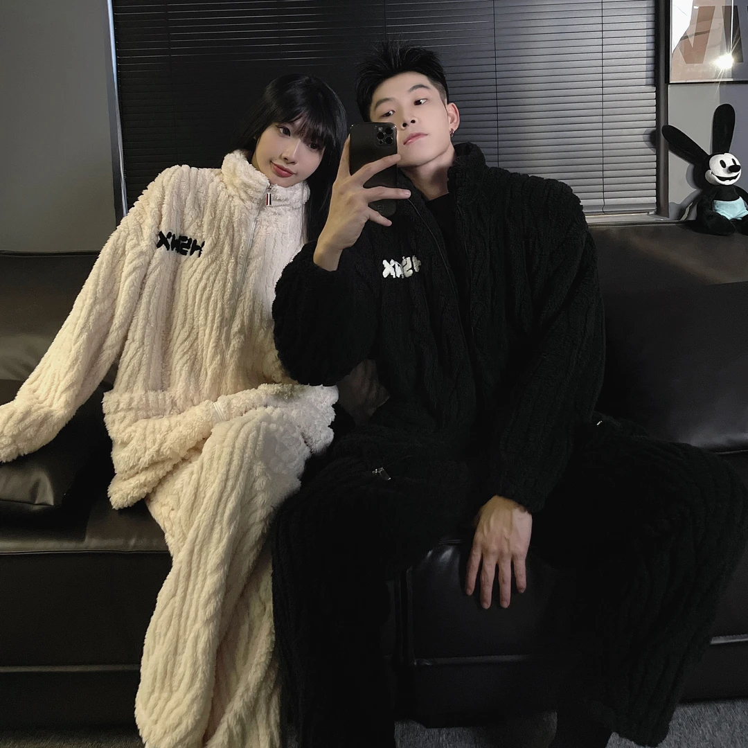 新款高级情侣睡衣女珊瑚绒冬季睡衣男士加绒加厚保暖法兰绒家居服