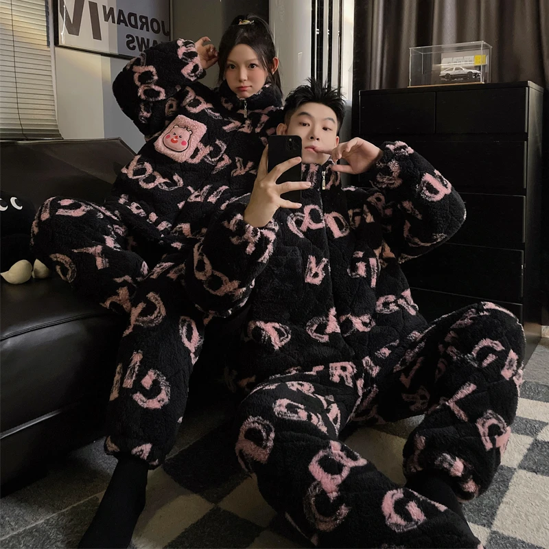 三层夹棉袄情侣睡衣女冬季款珊瑚绒加厚加绒男士睡衣法兰绒家居服