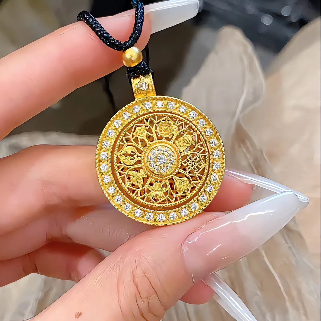 铜合金布艺项链 八宝罗盘项链吊坠女士新中式国潮挂坠编织绳黑绳