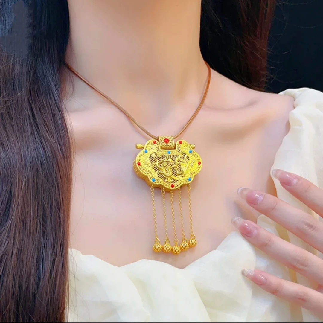 铜合金项链 新中式花丝镶嵌天子门生流苏龙凤锁包项链吊坠设计感