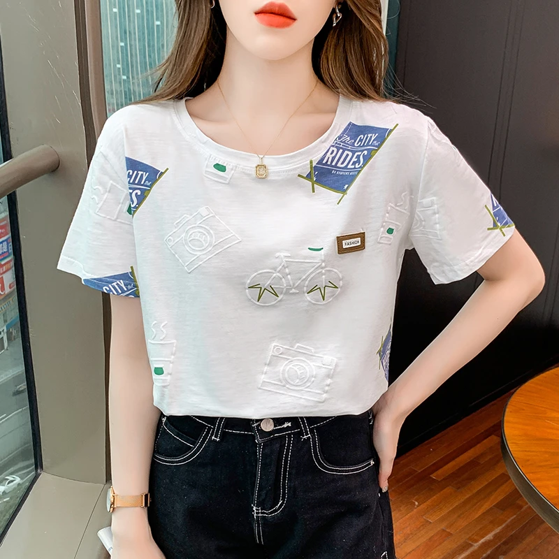 棉质圆领短袖t恤女夏季韩版宽松ins潮流半袖印花上衣白色百搭体恤