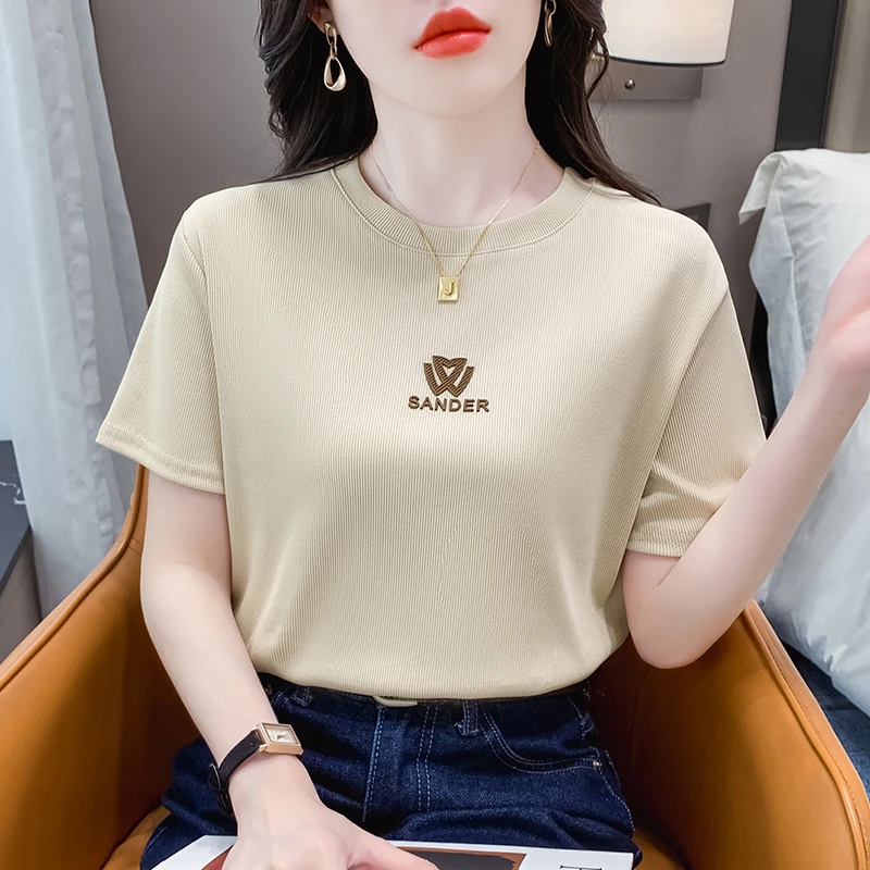 正肩短袖t恤女2024年夏季新款时尚百搭减龄修身显瘦打底衫上衣潮