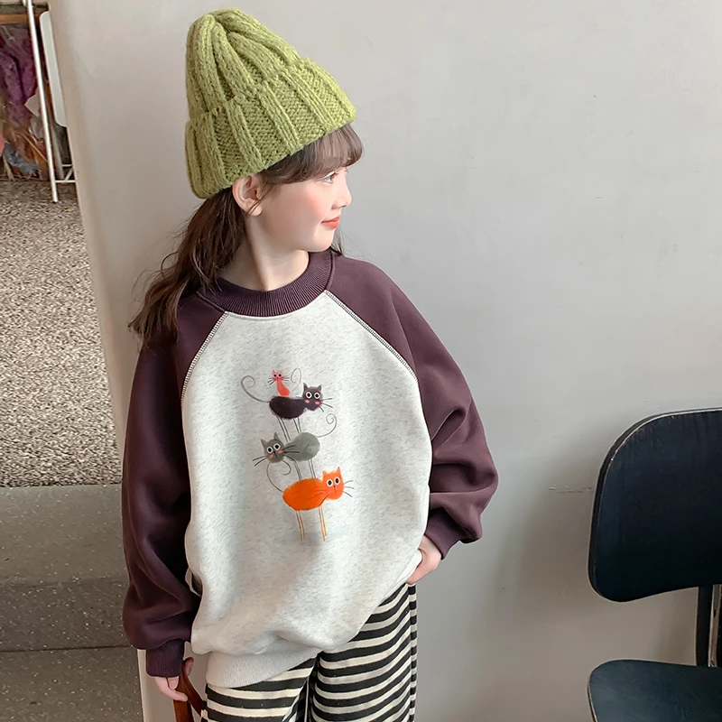 女童卫衣加绒2025新款爆款儿童秋冬款加厚圆领上衣6-12岁15岁9024