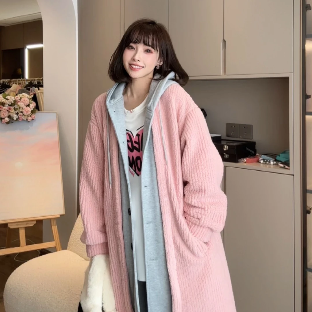 【冰岛绒贝】加厚中长款宽松韩版孕妇装秋冬加绒连帽外套外穿韩版搭