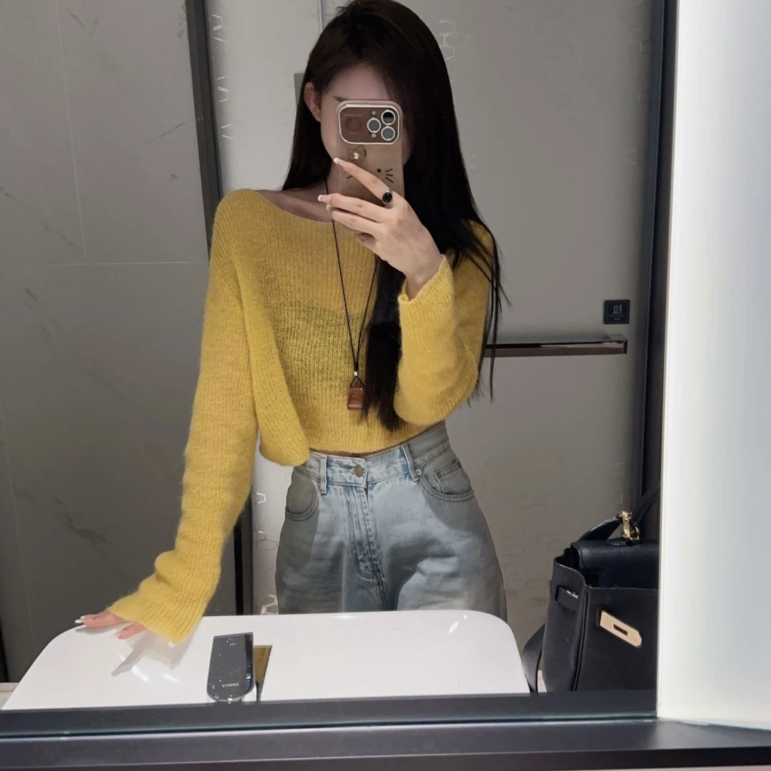 简衣 早秋新款百搭显白黄色圆领针织衫