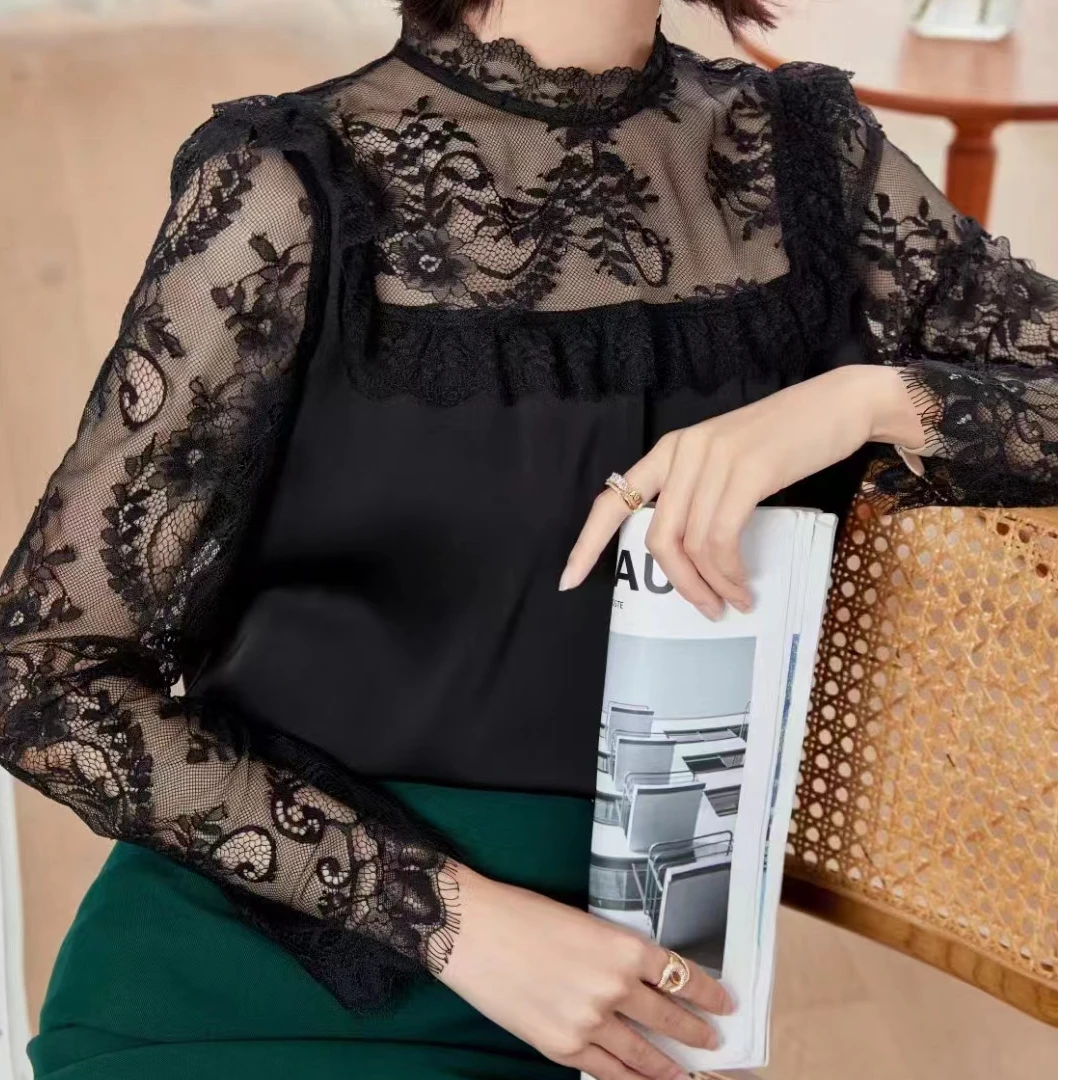 【MIO】米奥春秋时尚性感蕾丝拼接镂空洋气气质款显瘦百搭长袖衬衫