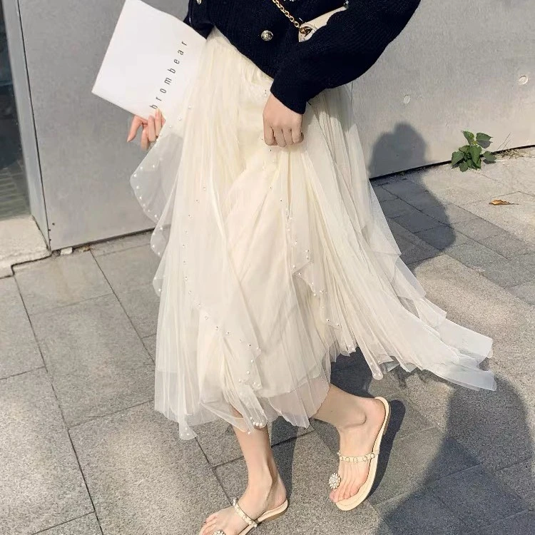 重工钉珠网纱半身裙女早秋不规则大摆裙中长款高腰显瘦A字中长裙