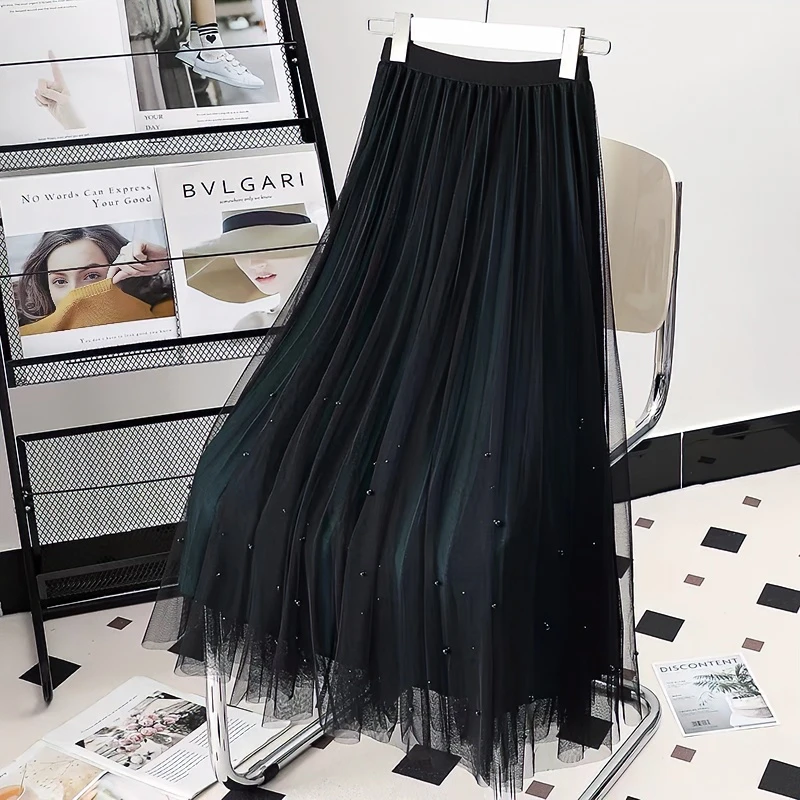 A698网纱钉珠半身裙女2025春秋新款高腰显瘦两面穿大摆裙中长纱裙