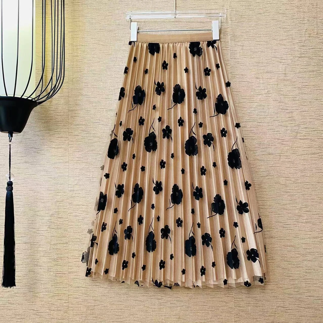 【两面穿】休闲植绒网纱半身裙女秋季2025新款高腰中长款a字大摆裙