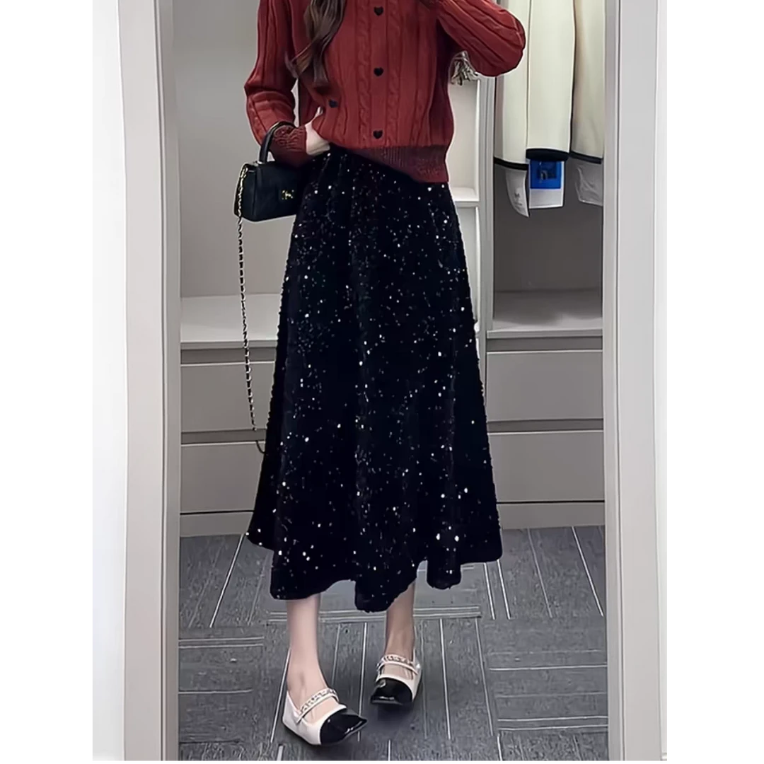 秋冬新款设计感丝绒亮片小香风垂顺中长款a字半身裙大摆显瘦裙子