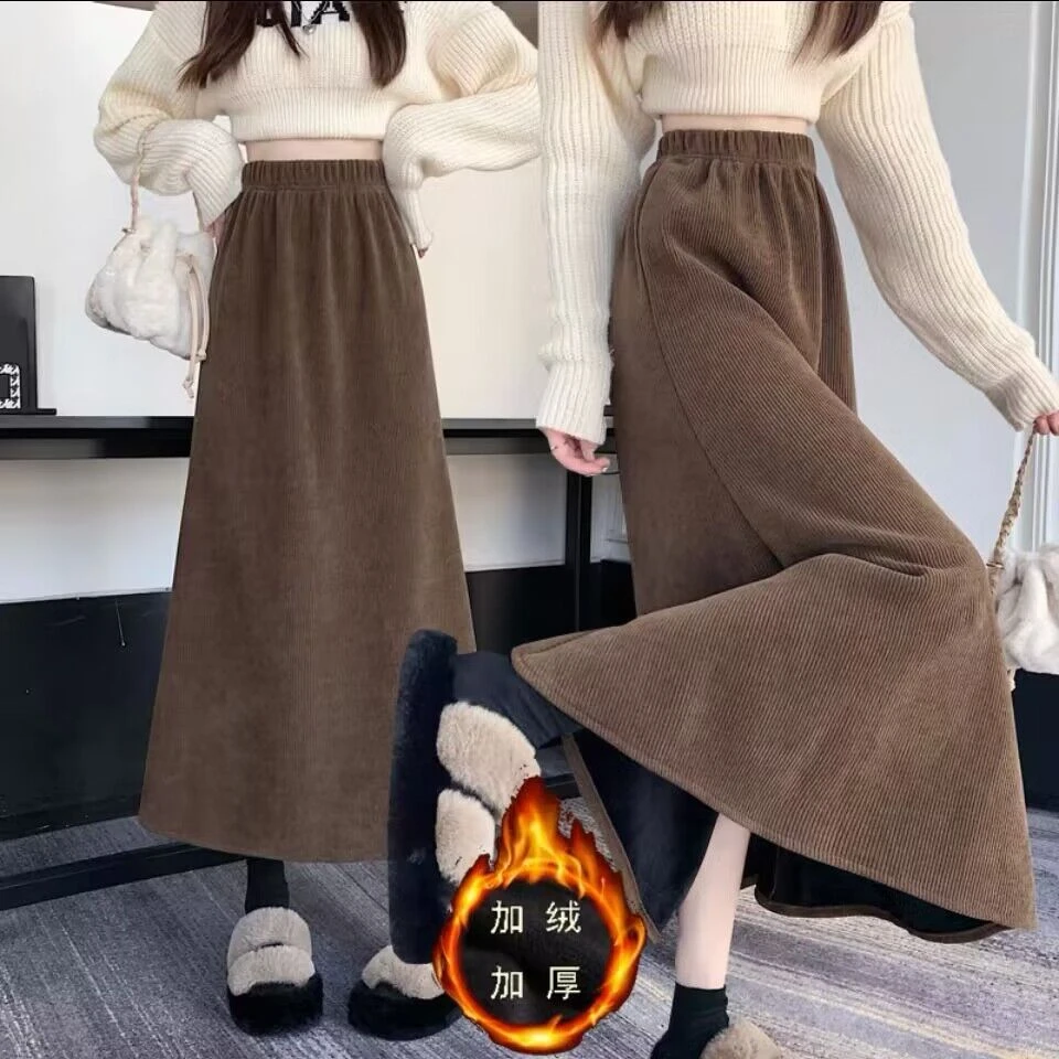 【加绒加厚A字裙】黑色直筒半身裙女秋冬胖mm高腰显瘦灯芯绒长裙