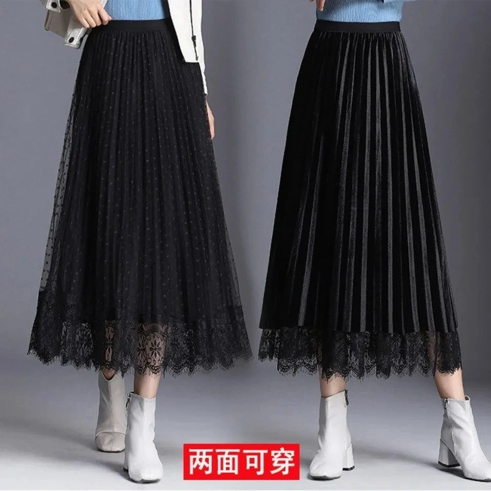 丝绒半身裙女中长款纱裙2025春秋新款高腰波点显瘦蕾丝裙977