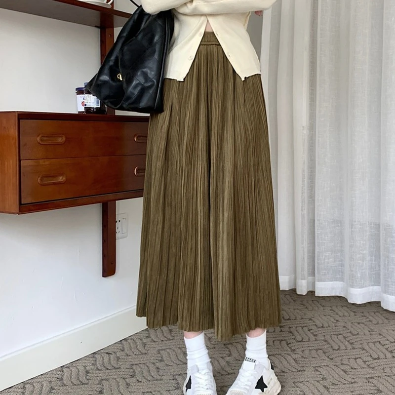 秋冬新款垂感高腰休闲压褶裙子百搭显瘦中长款女装仙女半身裙198