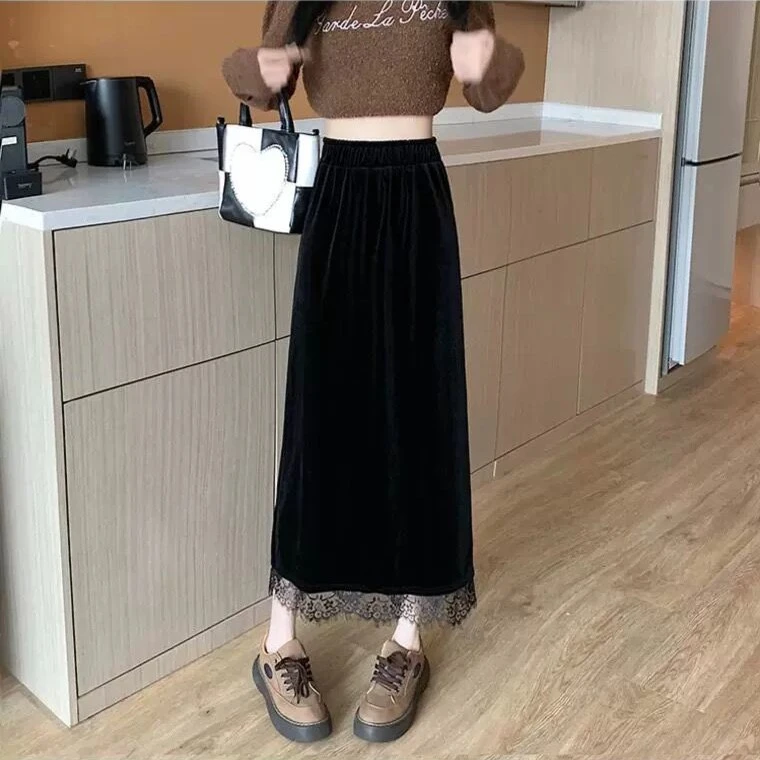 【C魅甄选】1127秋冬新款金丝绒蕾丝拼接半身裙女高腰气质中长款裙